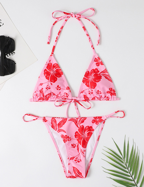 Fashion Pink Polyester Printed Split Swimsuit