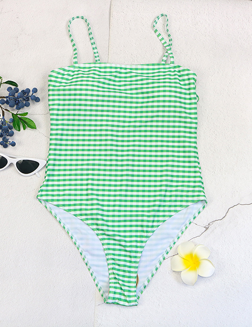 Fashion Green Polyester Check One Piece Swimsuit