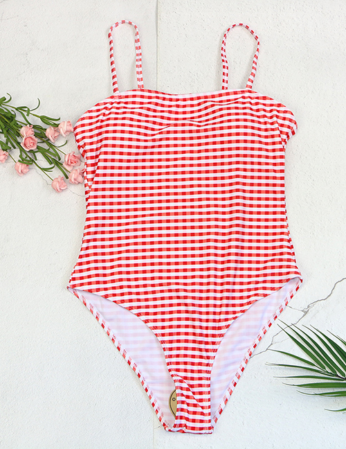 Fashion Red Polyester Check One Piece Swimsuit