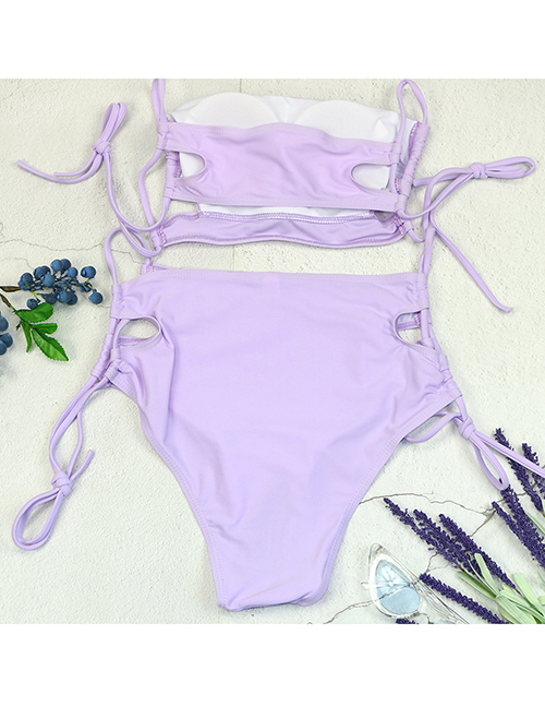 Fashion Purple Solid Color High Waist Tube Top Tie Swimsuit