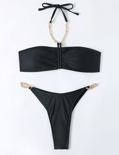Fashion Black Polyester Chain Panel Halter Tie Split Swimsuit