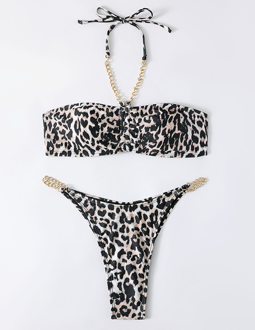 Fashion Leopard Print Polyester Chain Panel Halter Tie Split Swimsuit