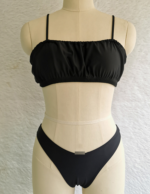 Fashion Bright Black Polyester Smocked Split Swimsuit
