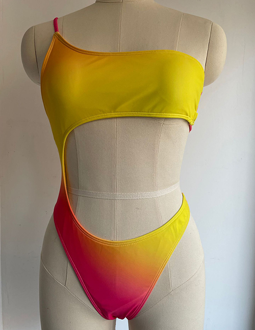 Fashion Yellow Gradient Polyester Gradient One-shoulder Cutout One-piece Swimsuit