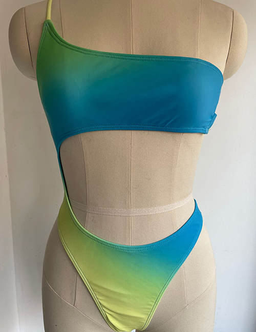 Fashion Blue Gradient Polyester Gradient One-shoulder Cutout One-piece Swimsuit