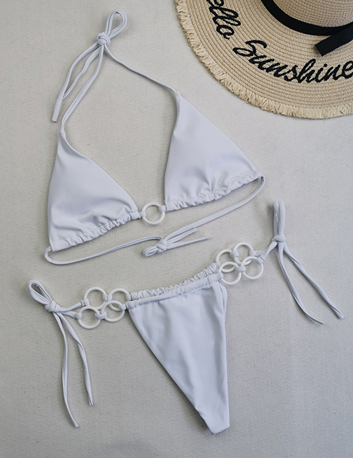 Fashion White Polyester Ring Tie Split Swimsuit