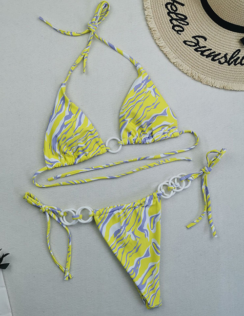 Fashion Yellow Streaks Polyester Ring Tie Split Swimsuit
