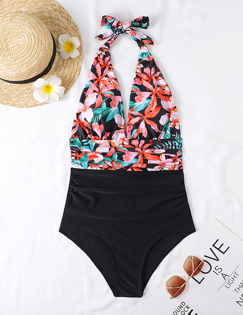 Fashion 1# Printed Halterneck Lace-up Swimsuit