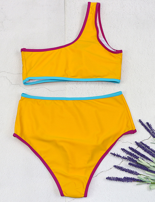 Fashion Yellow Polyester Colorblock One Shoulder High Waist Split Swimsuit