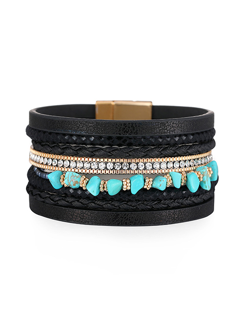 Fashion 5# Irregular Diamond-set Turquoise Wide-brimmed Leather Bangle