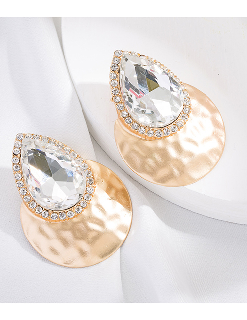 Fashion White Alloy Inset Water Drop Diamond Disc Stud Earrings