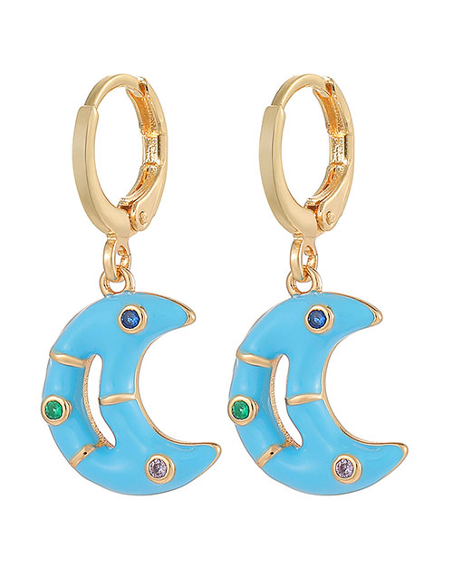 Fashion Blue Brass Inset Zirconium Oil Drop Moon Earrings