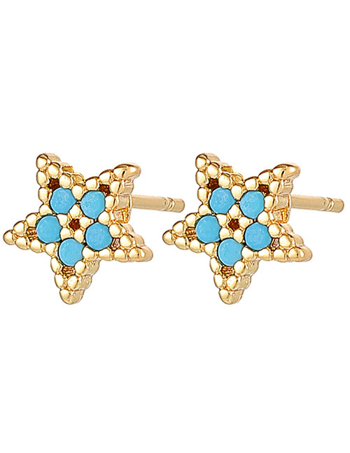 Fashion Sky Blue Copper Inlaid Zirconium Pentagram Stud Earrings