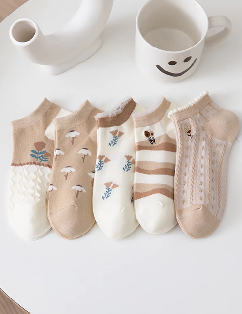Fashion 5 Pairs Cotton Flower Embroidered Striped Lace Socks
