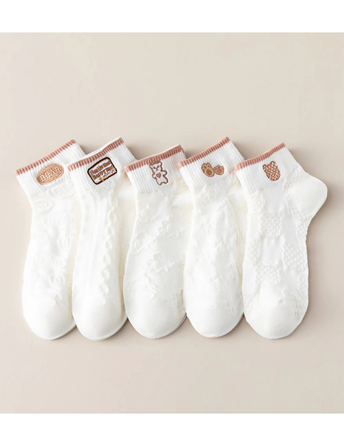 Fashion 5 Pairs Bear Letter Embroidery Women's Cotton Socks