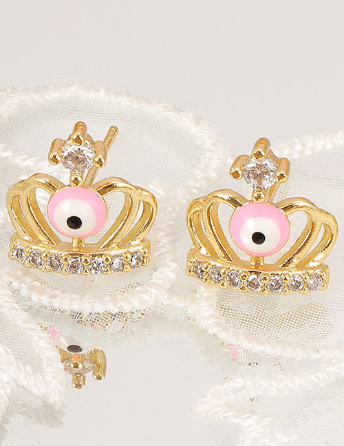 Fashion Pink Bronze Zirconium Crown Eye Stud Earrings