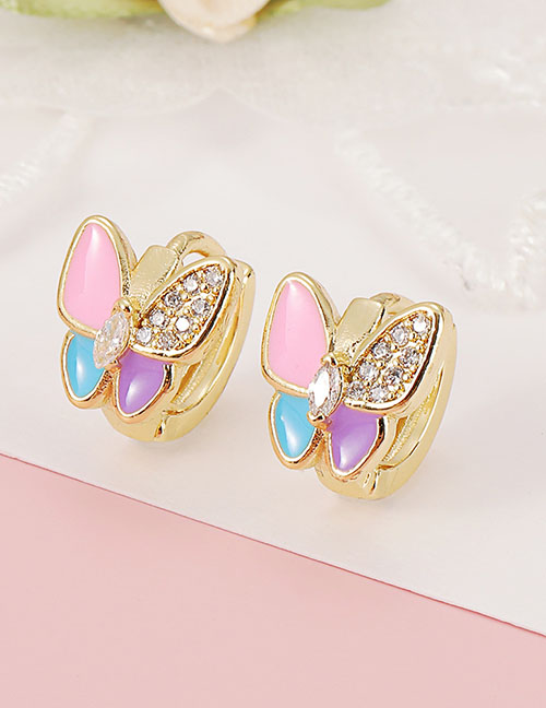 Fashion Pink Butterfly Earrings With Bronze Diamonds And Oil Drops