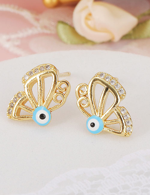 Fashion Blue Bronze Diamond Oil Eye Butterfly Stud Earrings