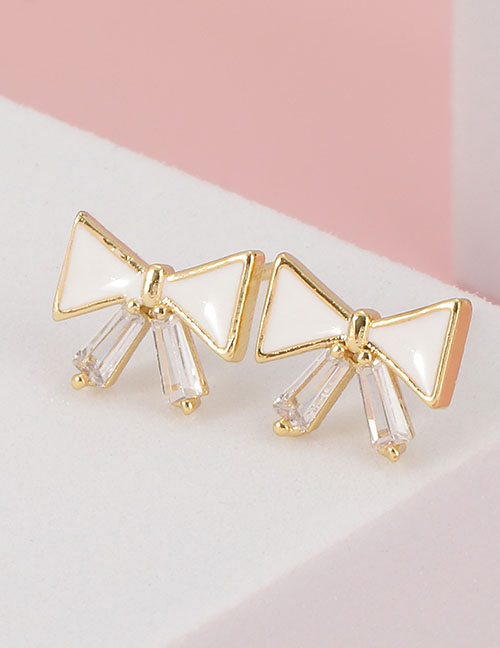 Fashion White Bronze Diamond Drip Oil Bow Stud Earrings