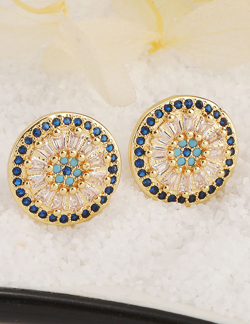 Fashion Blue Copper Diamond Round Stud Earrings
