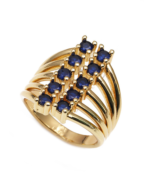 Fashion Blue Copper Set Zirconium Geometric Layered Ring