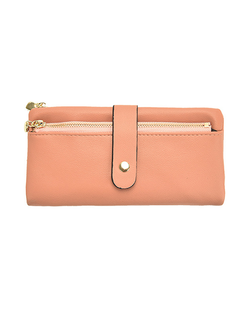 Fashion Long Pink Pu Double Zipper Tri-fold Long Wallet