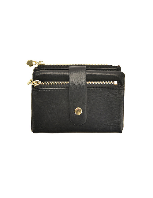 Fashion Short Black Pu Double Zipper Tri-fold Long Wallet