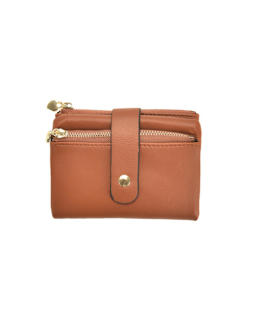 Fashion Short Brown Pu Double Zipper Tri-fold Long Wallet