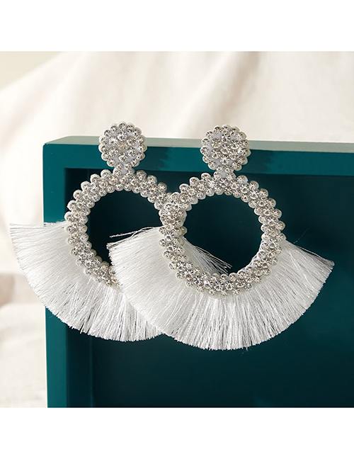 Fashion White Alloy Diamond Geometric Tassel Stud Earrings