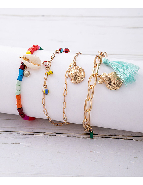 Fashion Gold Color Alloy Rice Beads Beaded Shell Tassel Bracelet Set