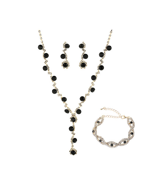 Fashion Gold Black Geometric Diamond Tassel Stud Necklace Bracelet Set