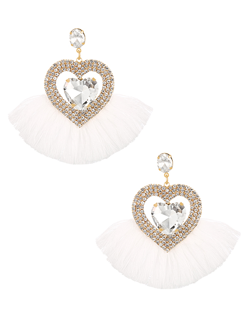 Fashion White Alloy Rhinestone Heart Tassel Stud Earrings