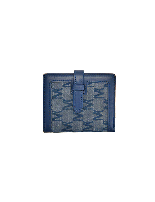 Fashion Navy Blue Pu Embroidered Thread Tri-fold Short Wallet