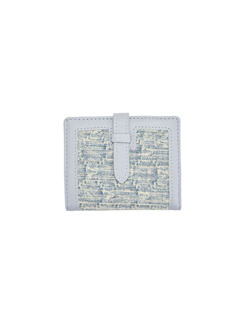Fashion Light Blue Pu Embroidered Thread Tri-fold Short Wallet