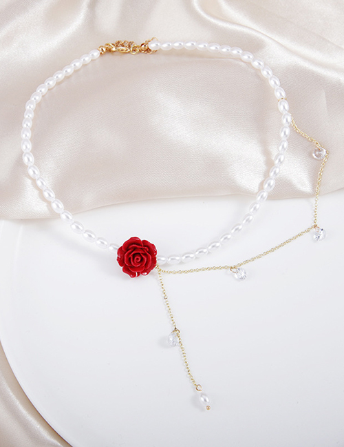 Fashion White Pearl Beaded Rhinestone Rose Necklace
