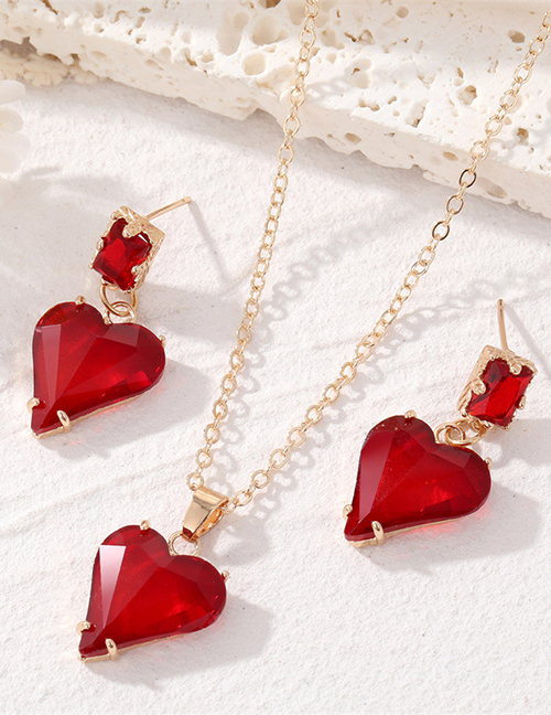 Fashion Love Set Alloy Glass Heart Necklace Stud Earrings Set