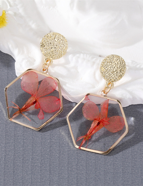 Fashion Red Resin Hexagon Preserved Flower Stud Earrings