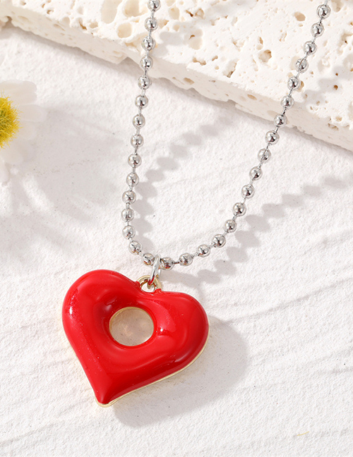 Fashion Red Alloy Drip Oil Hollow Heart Necklace