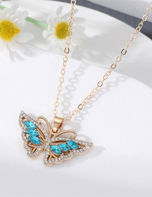 Fashion Blue Alloy Diamond Butterfly Necklace