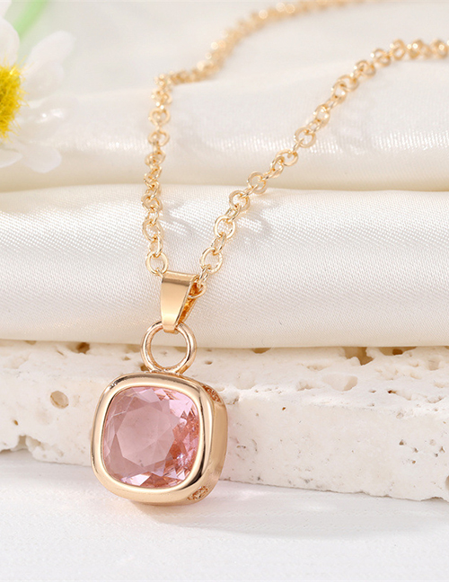 Fashion Pink Square Necklace Geometric Square Crystal Necklace