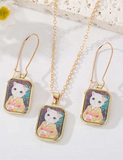 Fashion Cat Suit Alloy Mummy Print Square Earring Necklace Set
