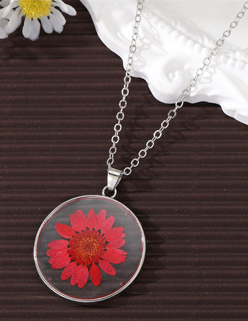 Fashion Red Resin Preserved Flower Round Necklace