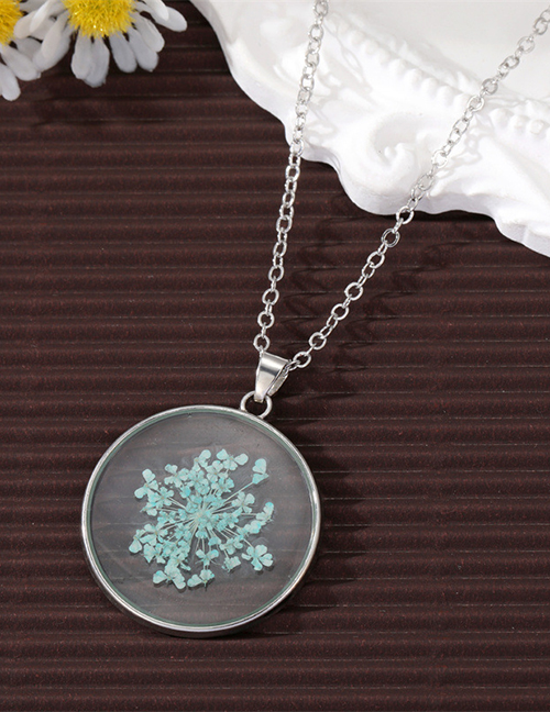 Fashion Blue Gypsophila Silver 4 Resin Preserved Flower Round Necklace
