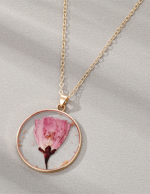 Fashion August Pink Rose 3 Resin Preserved Flower Round Necklace