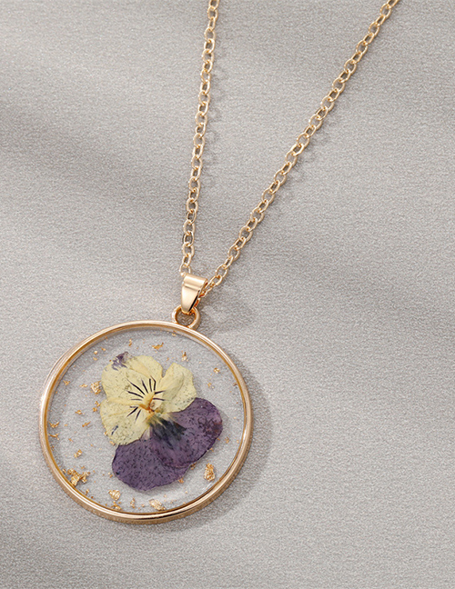 Fashion February Pansy 6 Resin Preserved Flower Round Necklace