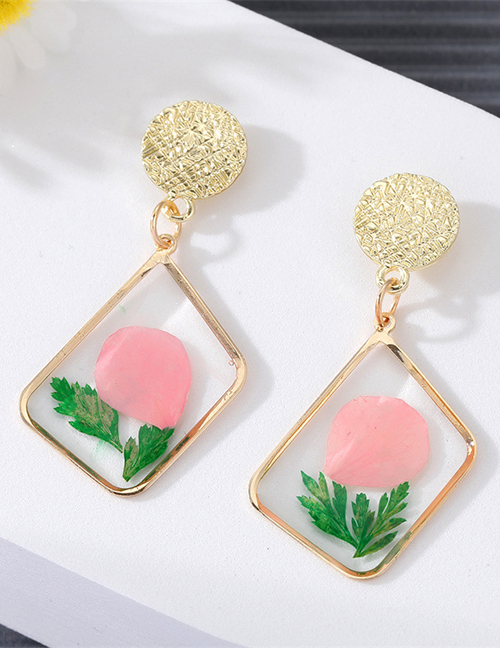 Fashion Pink Flowers And Green Leaves Resin Dried Flower Diamond Stud Earrings