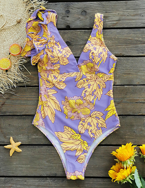 Fashion Yellow Flower On Purple Background Polyester Print Ruffle Asymmetric One-piece Swimsuit