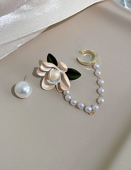 Fashion Silver Needle - Asymmetric Alloy Petal Flower Asymmetric Pearl Stud Earrings