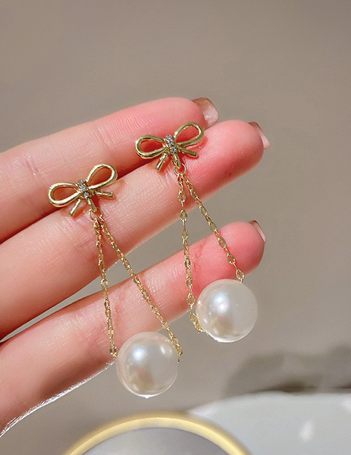 Fashion 15# Silver Needle. Gold Geometric Pearl Bow Drop Earrings