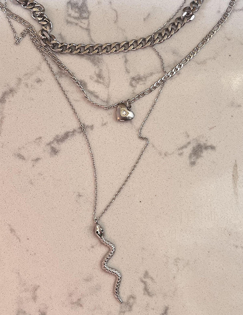 Fashion Silver Suit Titanium Steel Geometric Heart Serpent Multilayer Necklace